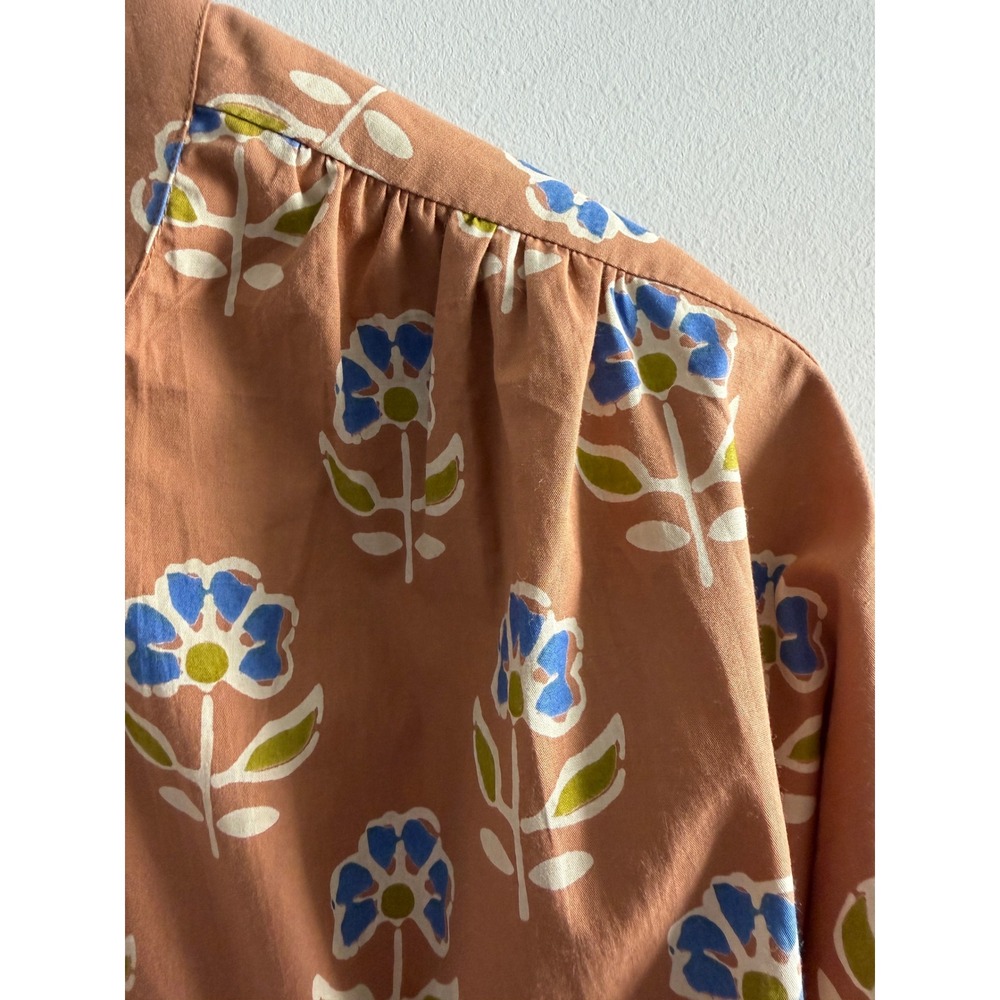 Livro Brown Floral Block Print Button Down Shirt Cotton Band Collar and Skirt - Picture 12 of 15